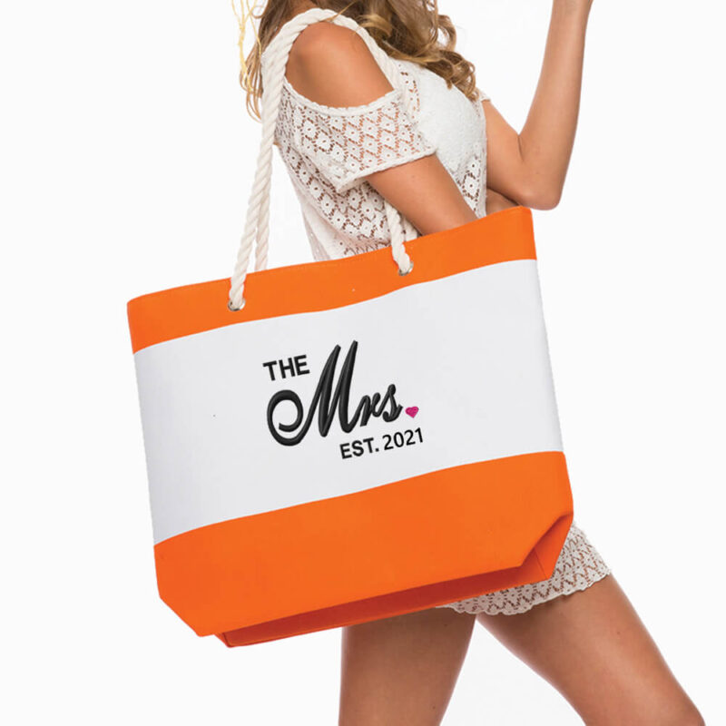Personalized "The Mrs." Bride Beach Bag with Rope Handles