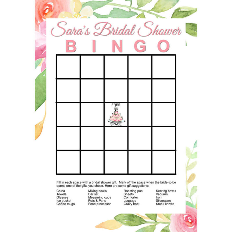 Personalized Printable Bridal Shower Bingo Game - Floral