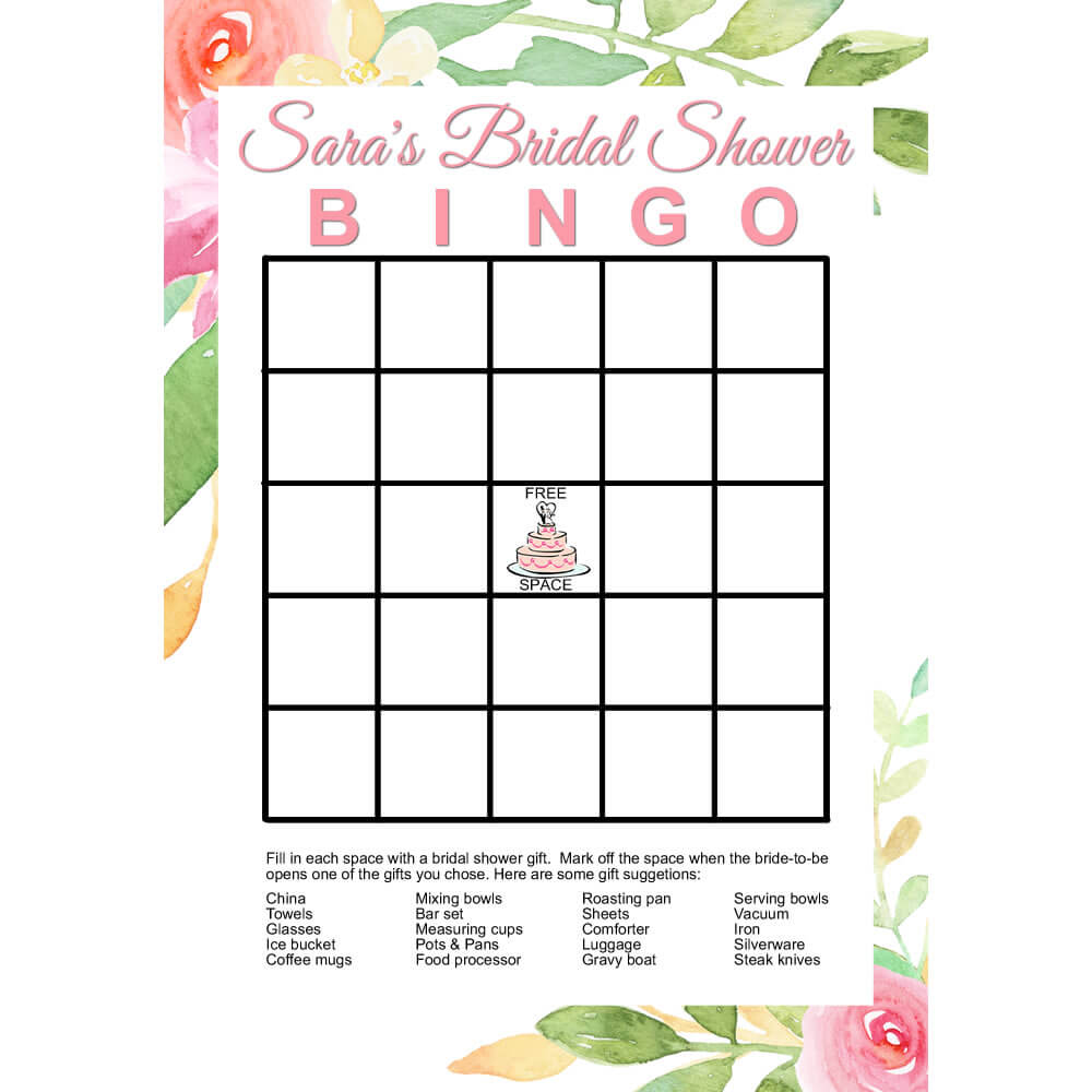 Personalized Printable Bridal Shower Bingo Game Floral Personalized