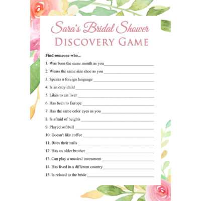 Personalized Printable Bridal Shower Discovery Game - Floral
