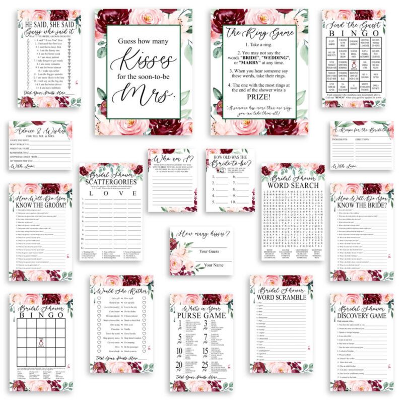 Burgundy Blush Floral Printable Bridal Shower Games Flatlay