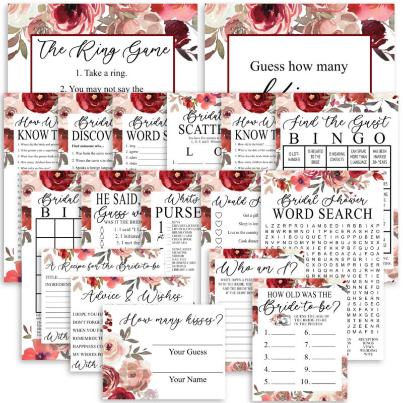 Printable Bridal Shower Games Bundle - Burgundy Floral