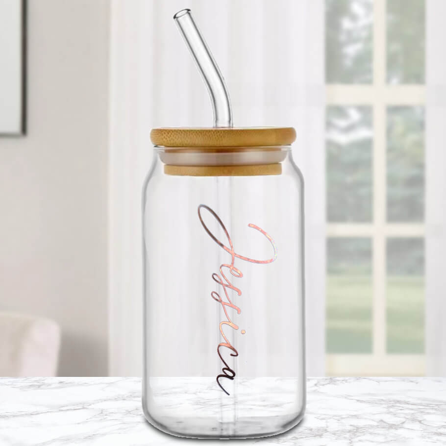 Personalized Can-Shaped Glass with Bamboo Lid and Straw