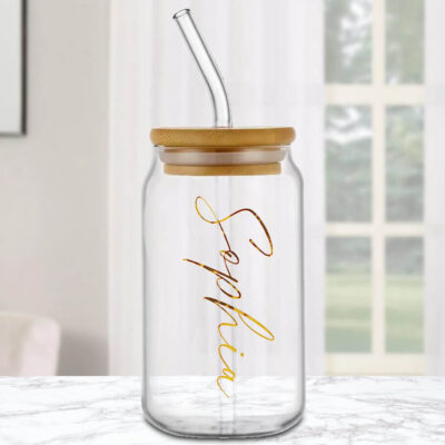 Custom Can-Shaped Glass with Bamboo Lid and Straw