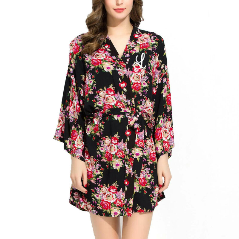 Embroidered Silky Cotton Floral Robe with Initial