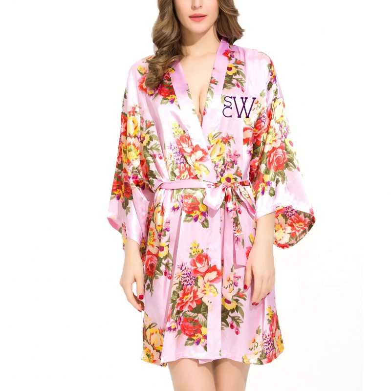 Floral Satin Robe with Modern Monogram - Embroidered