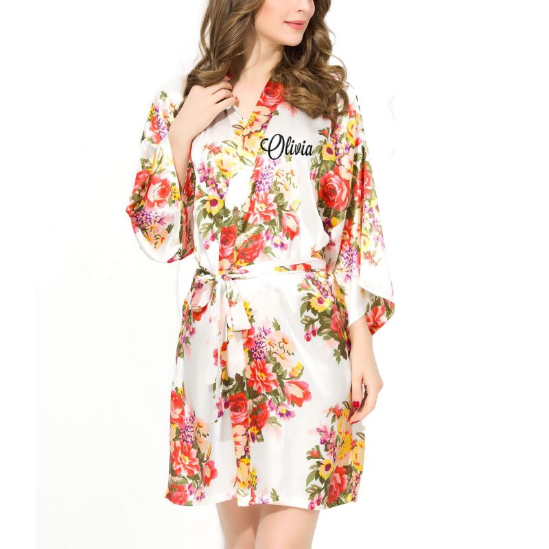 Floral Satin Robe with Embroidered Name
