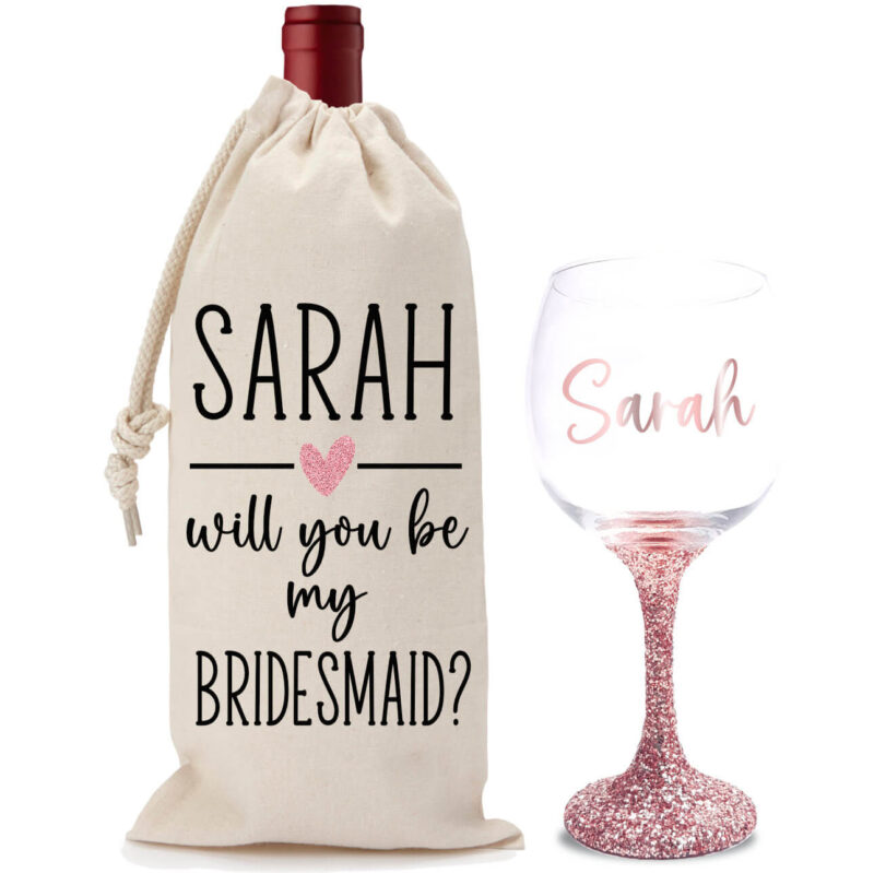 "Will You Be My Bridesmaid?" Glitter Wine Glass & Wine Bag Set