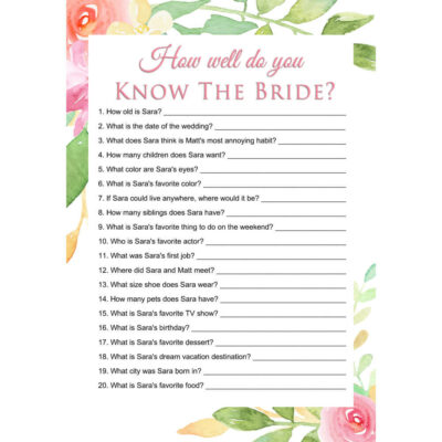 Personalized Printable How Well Do You Know The Bride Game - Floral