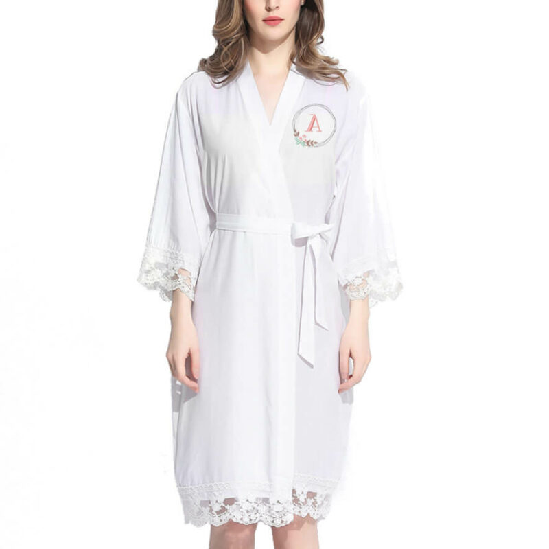 Lace Trim Robe with Embroidered Floral Wreath Monogram