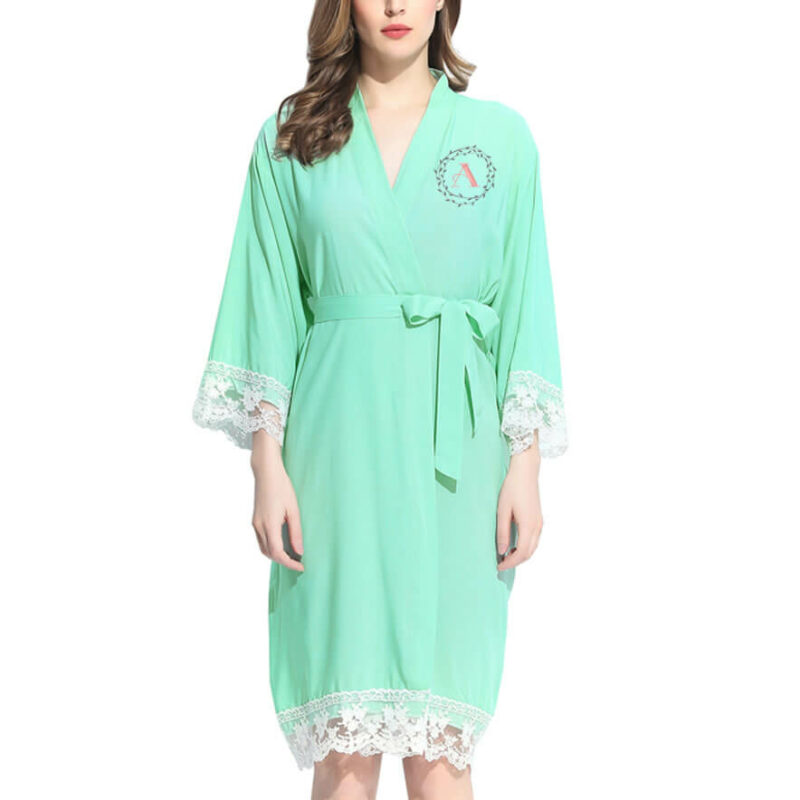 Lace Trim Robe with Embroidered Wreath Monogram