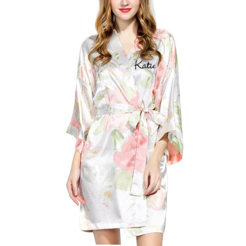 Pastel Floral Satin Robe with Name