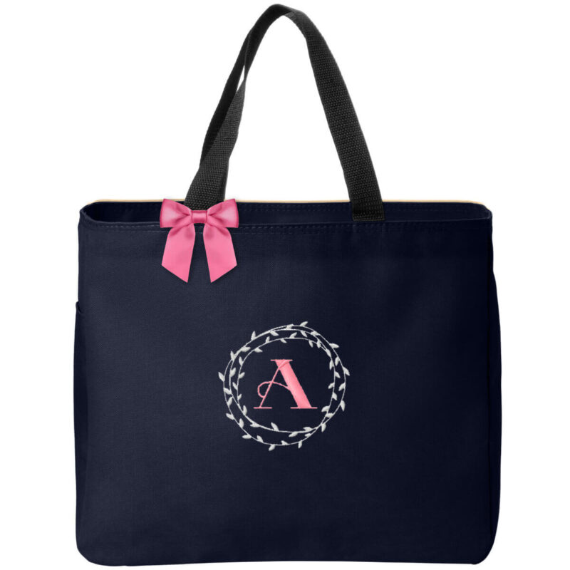 Solid Tote Bag with Wreath Monogram