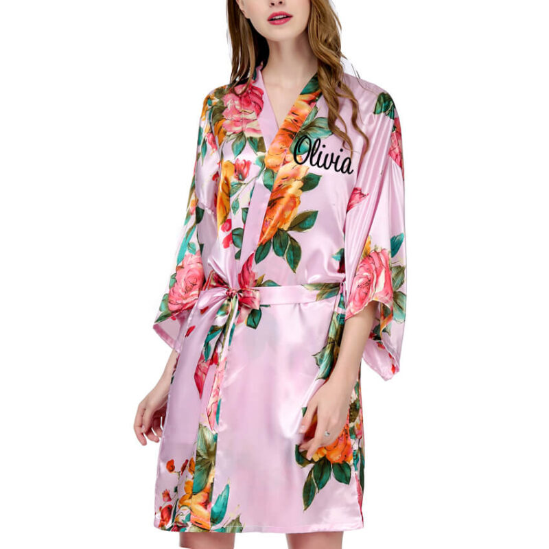 Watercolor Floral Satin Robe with Name