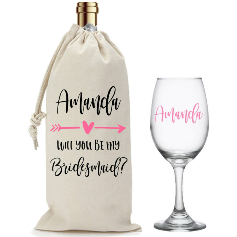 "Will You Be My Bridesmaid?" Wine Glass & Wine Bag Set with Arrow